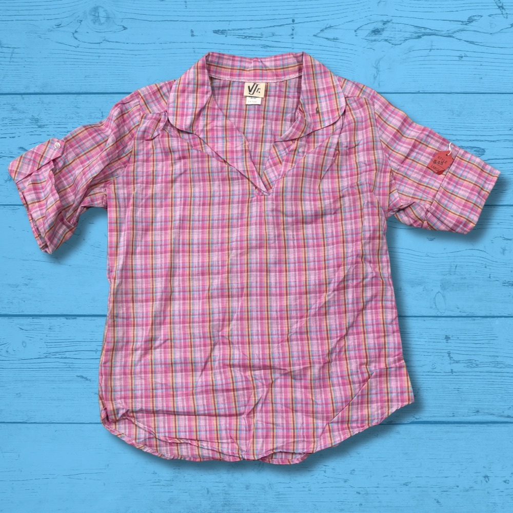 VTG 80s Plaid Popover Shirt L Pink Multicolor NOS Roll Tab Sleeve V Jr Retro